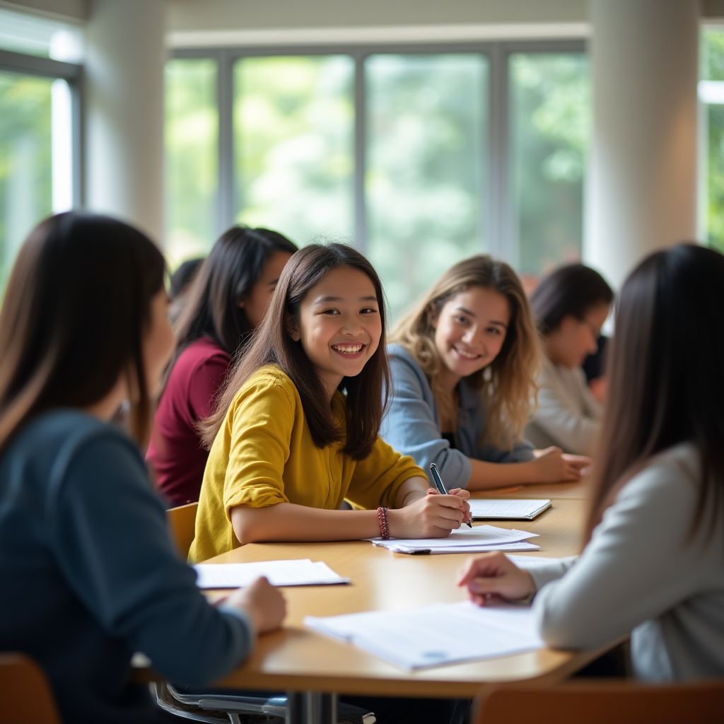 Aula moderna de LinguaCo con estudiantes participando activamente